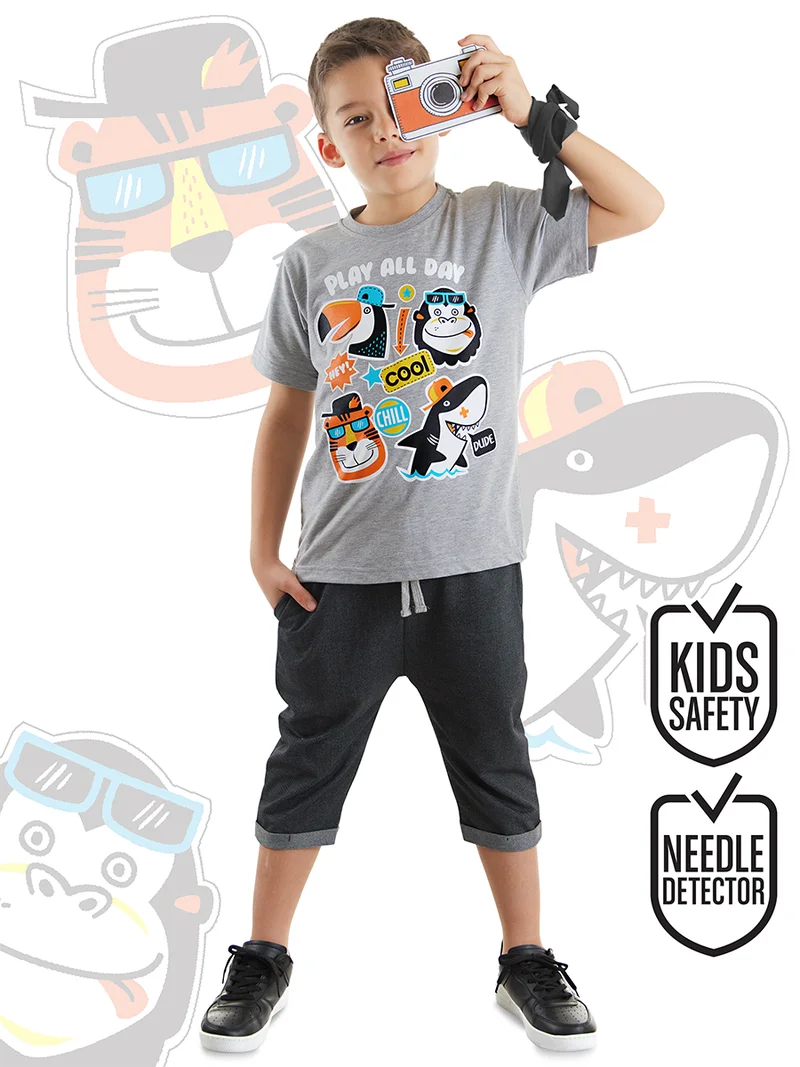 ج&مشب طقم تيشيرت وشورت كابري للأولاد برسومات حيوانات لطيفة